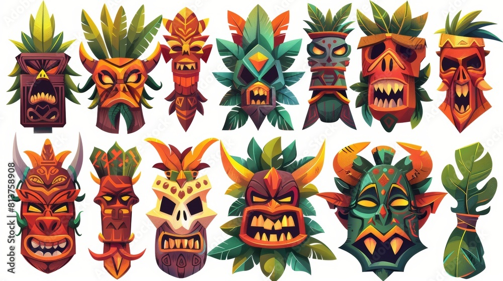 Hawaiian or polynesian style totems, tiki masks with teethy mouths, isolated on white background. Cartoon modern illustration, icons set.