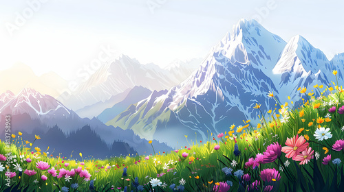 Serene Sunrise Over Alpine Meadow Flat Design Icon with Wildflowers Grasses in Isometric Scene Concept