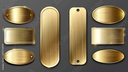 Gold or brass plates, golden name plaques empty mockup isolated on transparent background. Metal identification tags or badges, round, oval, and rectangular frames for nameplates, realistic 3D modern © Mark