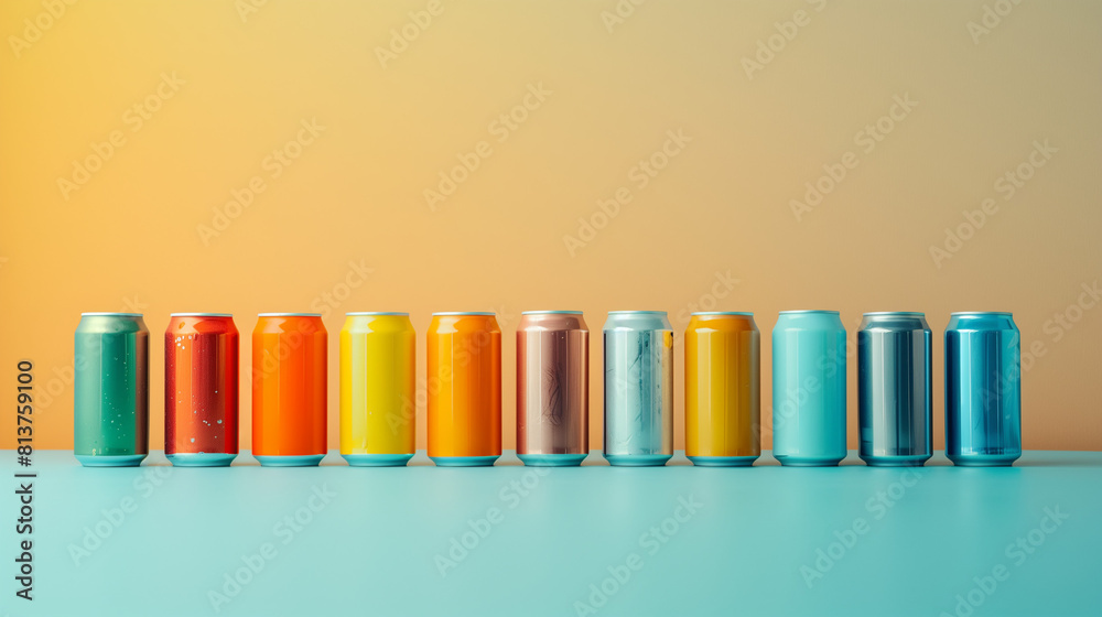 An array of colorful beer cans is arranged in a neat row against a clean, solid-color background, creating a visually appealing and minimalist composition. The vibrant colors of the cans pop An array of colorful beer cans is arranged in a neat row against a clean, solid-color background, creating a visually appealing and minimalist composition. The vibrant colors of the cans pop
