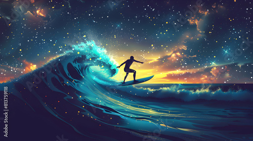Bioluminescent Surfing: Surfers Catching Glowing Waves under Starlit Skies in Simplistic Isometric Design