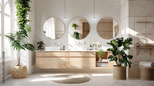 A bright bathroom with light wood cabinets white walls and floors and large round mirrors hanging on the wall 