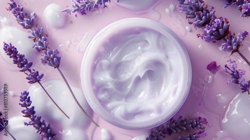 A jar of lavender cream with lavender flowers on a pastel purple background with textured brush strokes. Cosmetic cream, hair mask, facial clay, top view photo