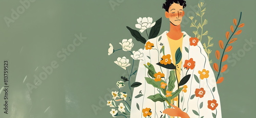 Vector simple flat illustration of a young brunette white guy in a white robe holding a bouquet of flowers on a pastel green background with space for text. Romantic.