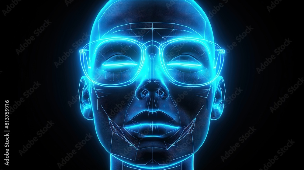 An image of a man wearing glowing glasses and a headpiece shaped like a human head An image of a man wearing glowing glasses and a headpiece shaped like a human head