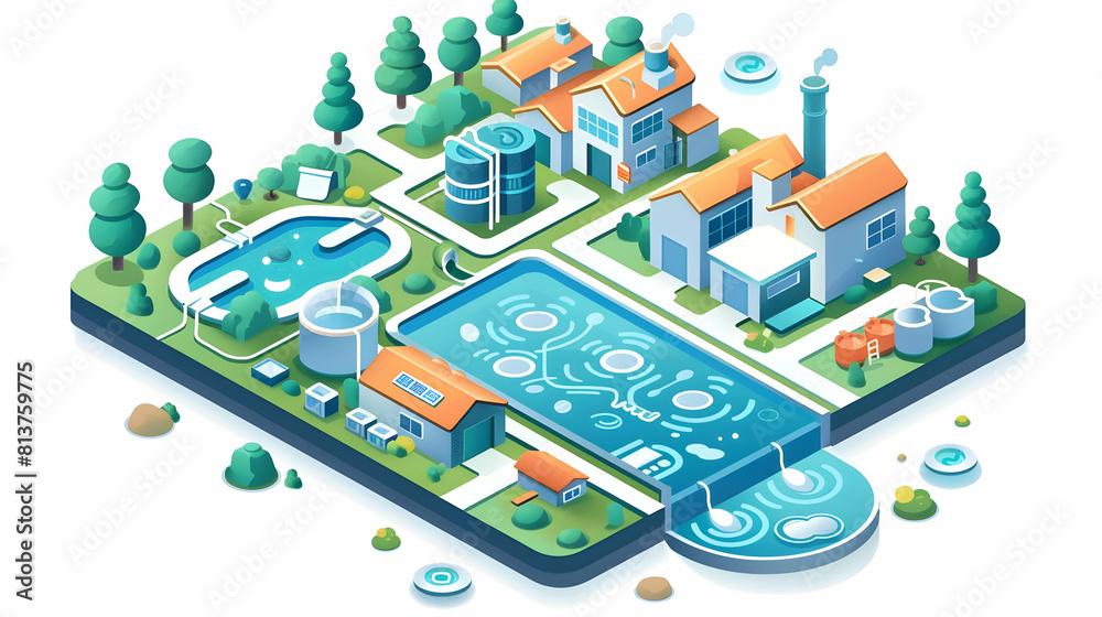 Businesses Embracing Advanced Water Conservation Techniques: Isometric Flat Design Icon Illustrating Significant Reduction in Water Usage and Waste