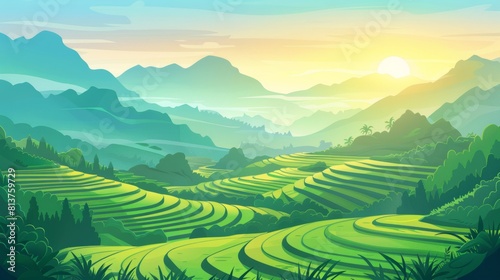 Modern cartoon illustration of summer landscape with crop plantation on hills at sunrise. Asian terraced farmland and sun rays.