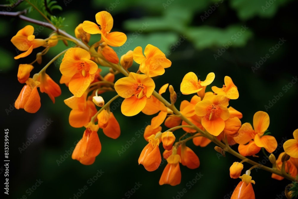 Close-up of orange cassia blooms, exuding exquisite natural beauty against a dark, blurred backdrop