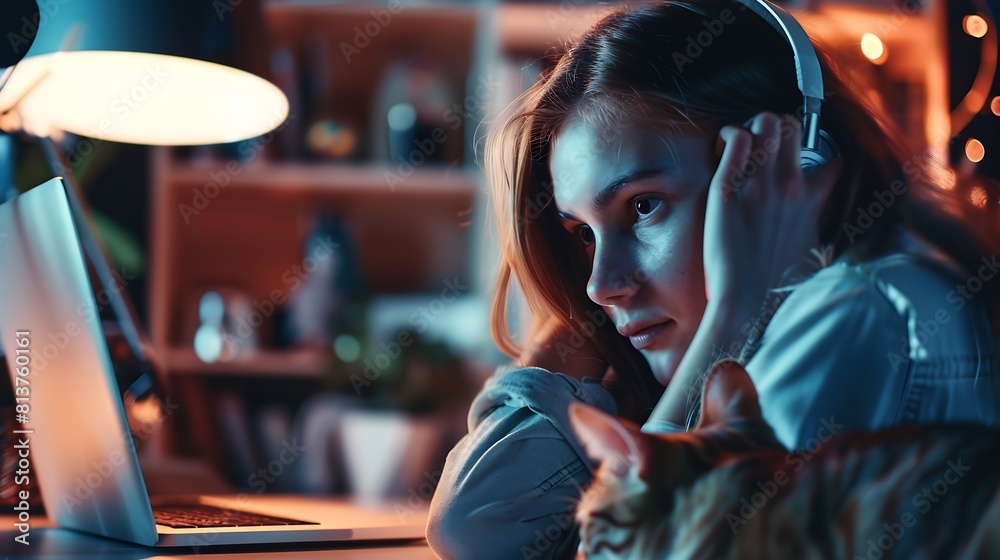 creative home work space work from home concept girl with cat : Generative AI creative home work space work from home concept girl with cat : Generative AI