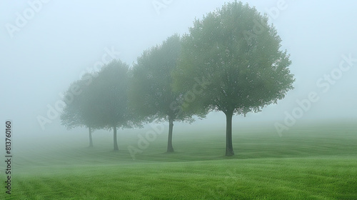  A foggy field with three trees in the foreground and one tree in the center on a foggy day