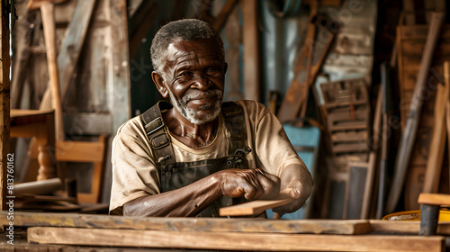 Portrait of a senior African carpenter working in his workshop. photo