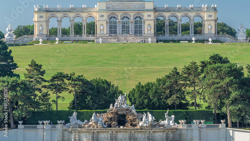 Gloriette pavilion and Neptune fountain in Schonbrunn park timelapse photo