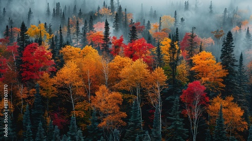   A forest brimming with many trees  adorned with vibrant fall foliage  shrouded in a hazy atmosphere