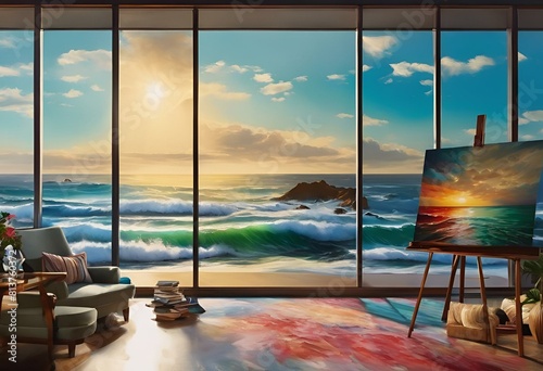 AI generated illustration of an artist s room with expansive windows overlooking the ocean