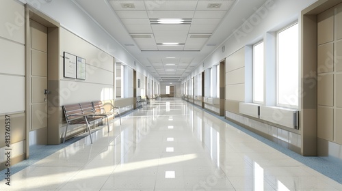 Long hospital bright corridor with rooms and seats 3D rendering