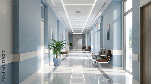 Long hospital bright corridor with rooms and seats 3D rendering