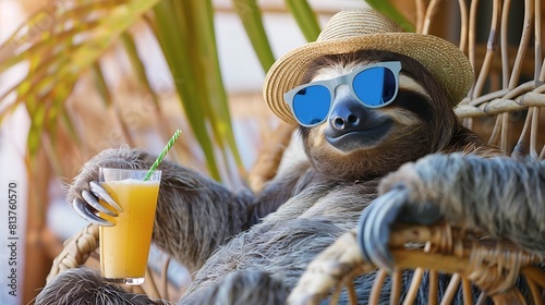 A cute sloth wearing blue sunglasses and a straw hat is sitting in an outdoor wicker chair holding a glass of juice with both hands 