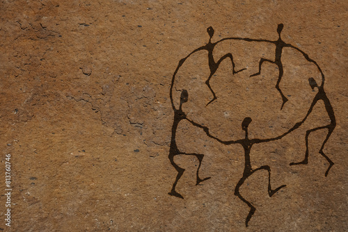 sun worshipers. scene with five men performing ritual dancing. mural inscribed dance under sun disk. Wild dances ofs, africans dance around fire. shaman perform rituals as in ancient times