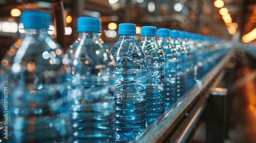Plastic water bottles on conveyor, close-up, industrial photo