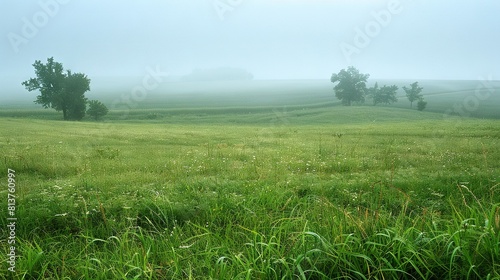  Foggy field with trees, grass, and flowers in foreground and background