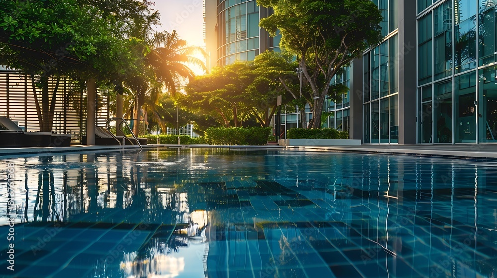 Florida USA Modern building with swimming pool trees chairs Urban landscape with blue reflecting pool city architecture and scenic environment : Generative AI