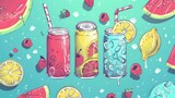 Promotional banners with lemon, raspberry, or watermelon fresh juice cans for carbonated beverages or fruit waters, line art modern web banners.