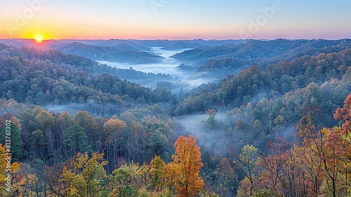   The sun is setting over the mountains with trees in the foreground and fog in the air © Nadia