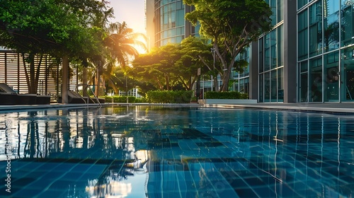 Florida USA Modern building with swimming pool trees chairs Urban landscape with blue reflecting pool city architecture and scenic environment : Generative AI © The Little Hut