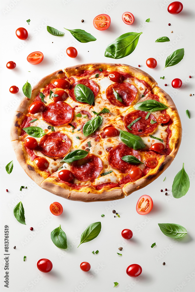 Pepperoni pizza flies in the air on a white background Pepperoni pizza flies in the air on a white background