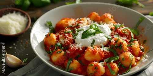 Potato gnocchi in tomato sauce with basil and parmesan and a glass of white wine on blue background Traditional Italian potato Gnocchi with tomato sauce and fresh basil with glas of white wine. rustic