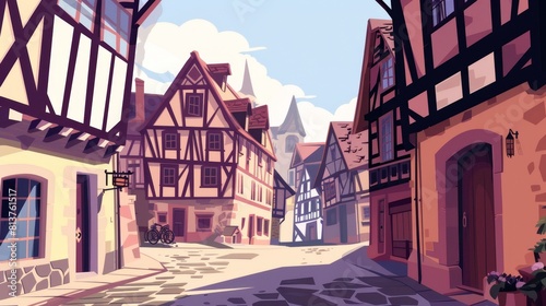 The medieval German street with half-timbered houses at night, with white fog descending on the landscape. Traditional european buildings at misty weather, modern cartoon summer landscape with © Mark