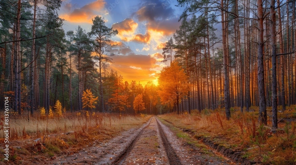A road in the woods with a sunset in the background. The road is muddy and the trees are orange A road in the woods with a sunset in the background. The road is muddy and the trees are orange