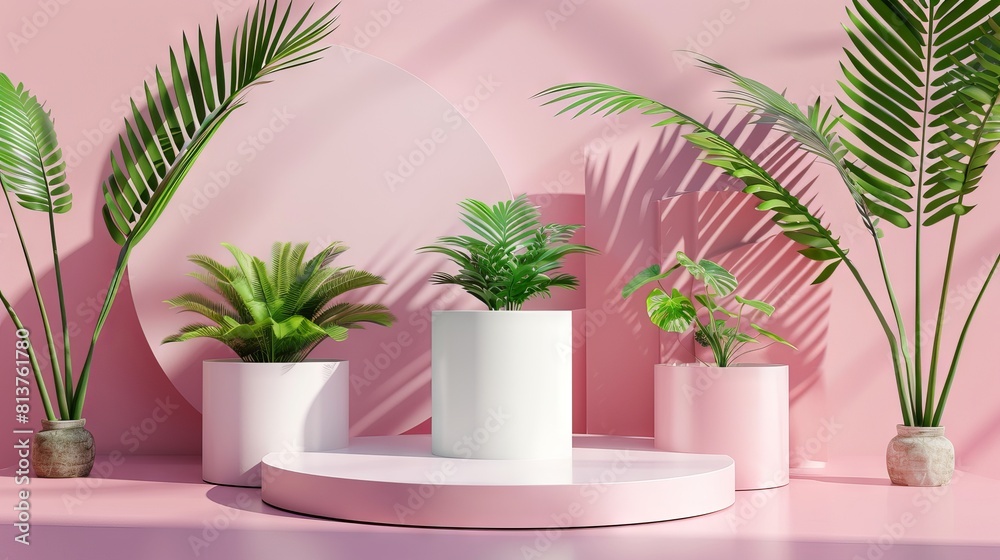 Pastel product display background. Round podium with plants cosmetics showcase