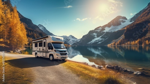 RV Motorhome camper van road trip. Family vacation travel RV, holiday trip in motorhome. People on travel vacation adventure.