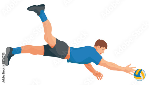 Isolated figure of a volleyball player in profile blue shirt hitting a ball in a fall