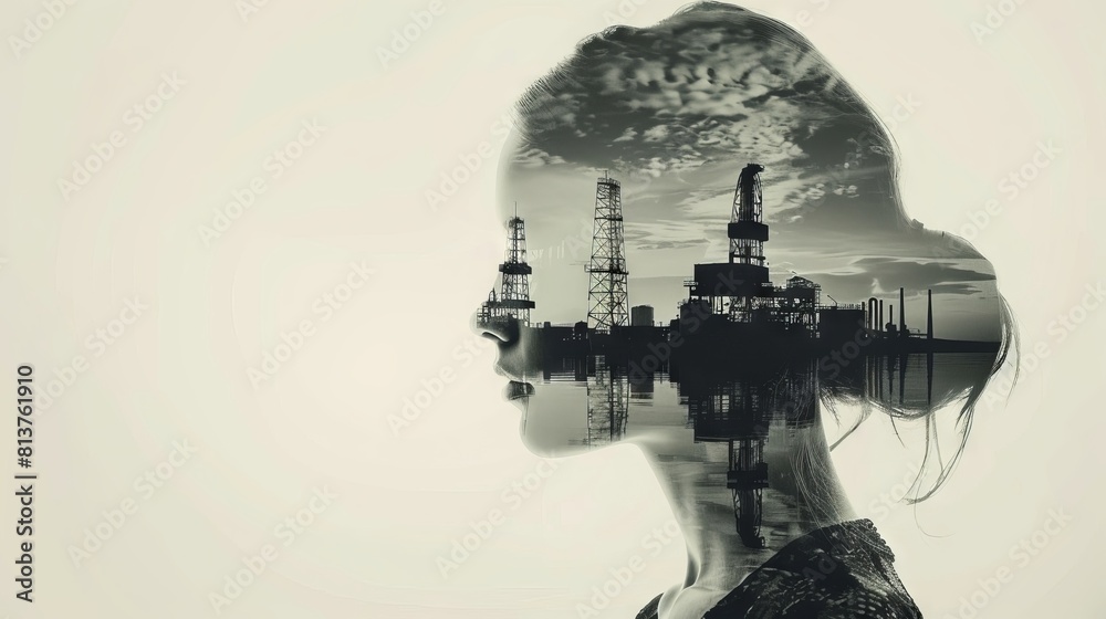 Profile of a woman with double exposure effect showcasing industrial oil rigs, set against a monochrome backdrop