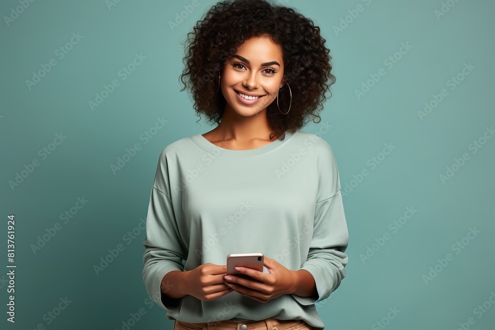 Portrait of a girl in a blue sweater on a blue background with a gadget in her hands. Portrait of a girl in a blue sweater on a blue background with a gadget in her hands.