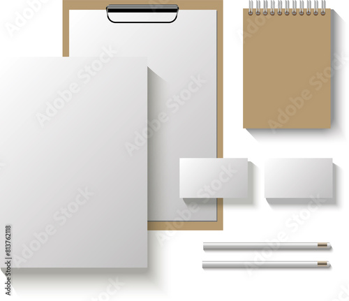 corporate identity mock up. Consist of tag, notebook, folder, paper A4, letter, business cards, spiral notepad, pen, pencil.