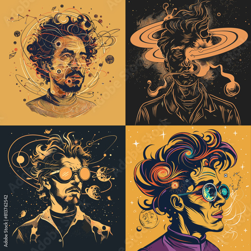 Surreal portraits of visionary thinkers with cosmic and planetary elements. Psychedelic artwork symbolizing imagination, space exploration, knowledge, and abstract creative thinking.