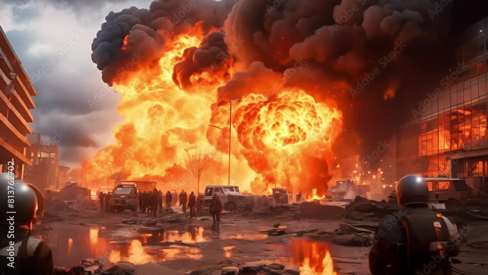 Scene of explosions in the city, People running away, escaping, shocked, traffic jams, Disaster, end of the world, The background is a building that caught fire	
