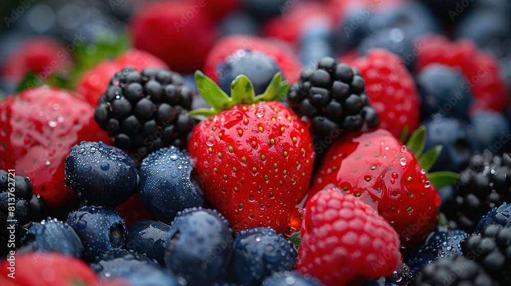 Blueberries, raspberries, and berries arranged in a close-up photo with water droplets on them Blueberries, raspberries, and berries arranged in a close-up photo with water droplets on them