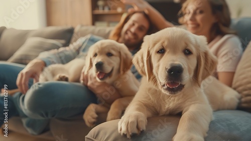 Happy family on sofa and puppy in living room : Generative AI