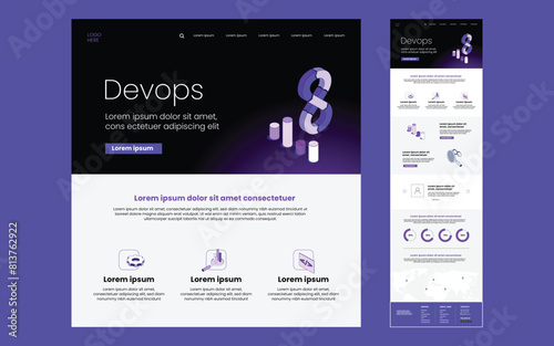 DevOps website home page design template. DevOps company isometric landing page. Web banner template.