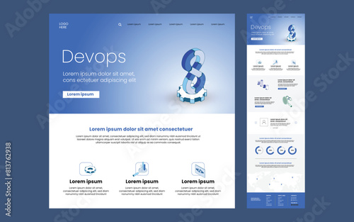 DevOps company isometric landing page. DevOps website home page design template. Web banner template.