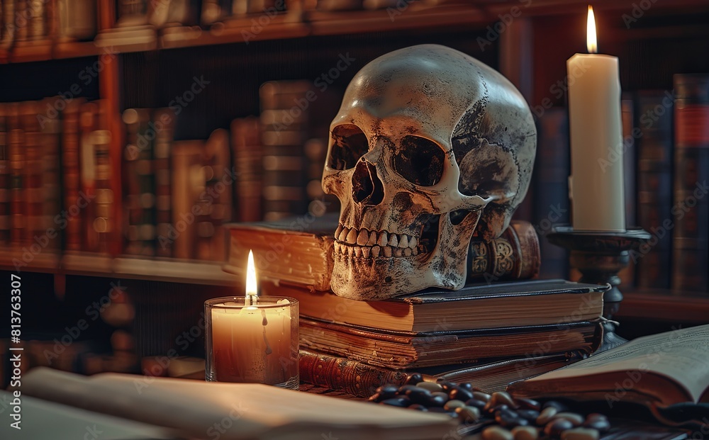 A skull on top of books in an old library, lit by candlelight, fantasy. A skull on top of books in an old library, lit by candlelight, fantasy.