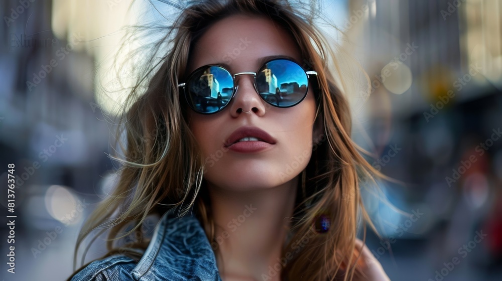 Fashionable woman in trendy black sunglasses with city street reflections, front view