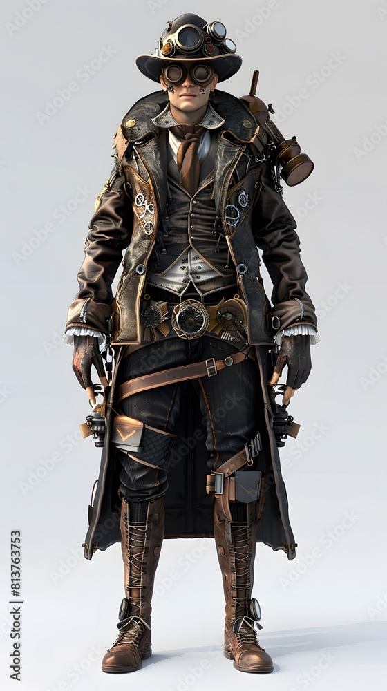 Fototapeta premium Steampunk character 3D illustration design from machine technology concept. Steampunk background.