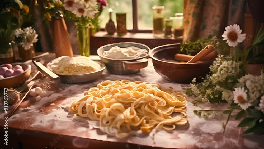 Homemade raw noodles. Ingredients to delicious. Handmade noodles and ingredients Homemade raw noodles. Ingredients to delicious. Handmade noodles and ingredients
