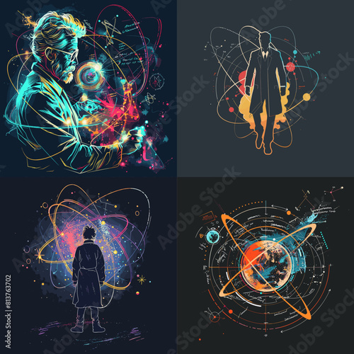 Futuristic science illustrations featuring glowing atoms, scientists, and data elements. Abstract visuals representing research, technology, quantum physics, and scientific innovation.