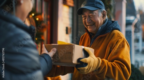 An elderly man in a yellow jacket smiling gratefully as he receives a cardboard box from another person's outstretched hands, likely signifying a kind gesture.